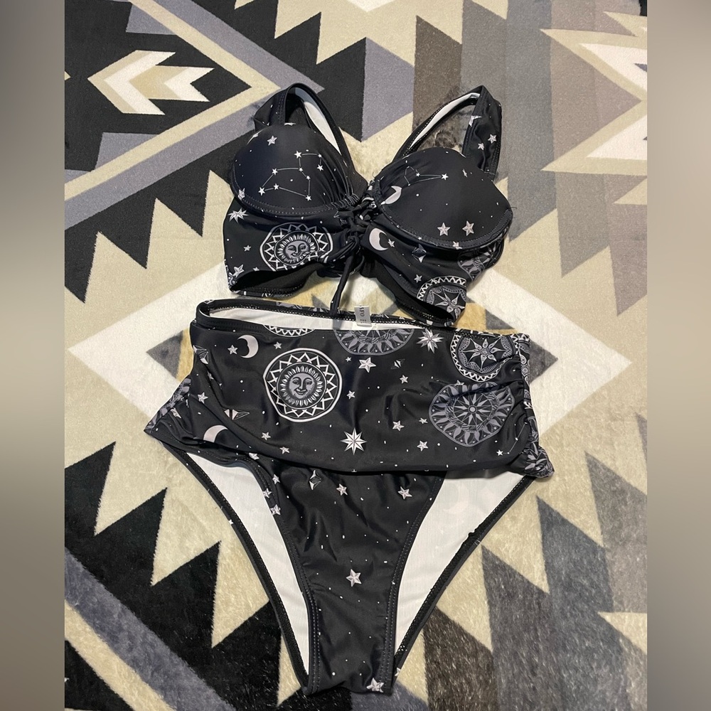 High Rise Swim Suit Bikini Corset Top Set Star and Moon Pattern Women’s Size 4/S